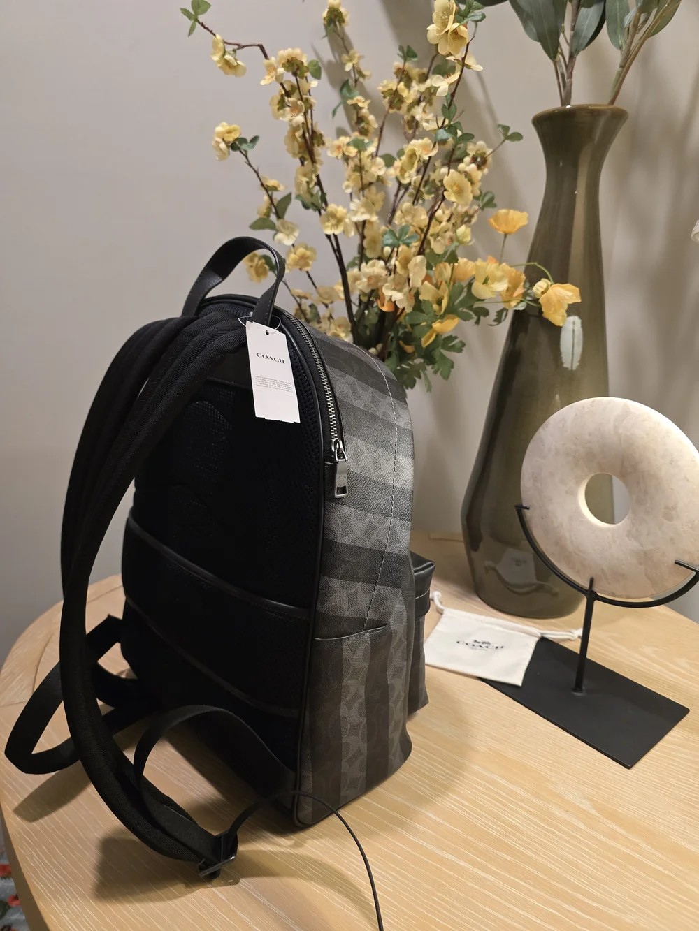 Coach Men's Signature Stripe Backpack in Gray and Black